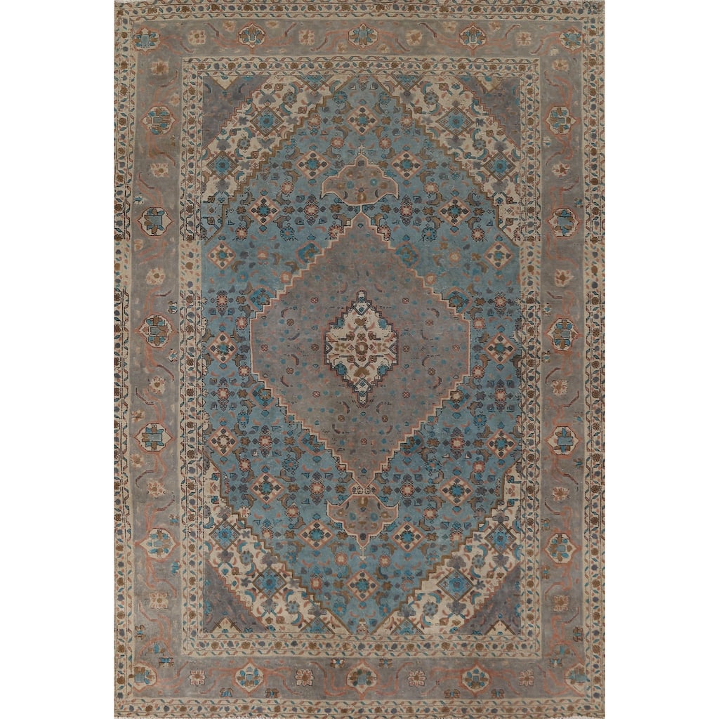 Blue Over-Dyed Tabriz Persian Vintage Rug Hand-Knotted Wool Carpet - 6'9"x 9'9"
