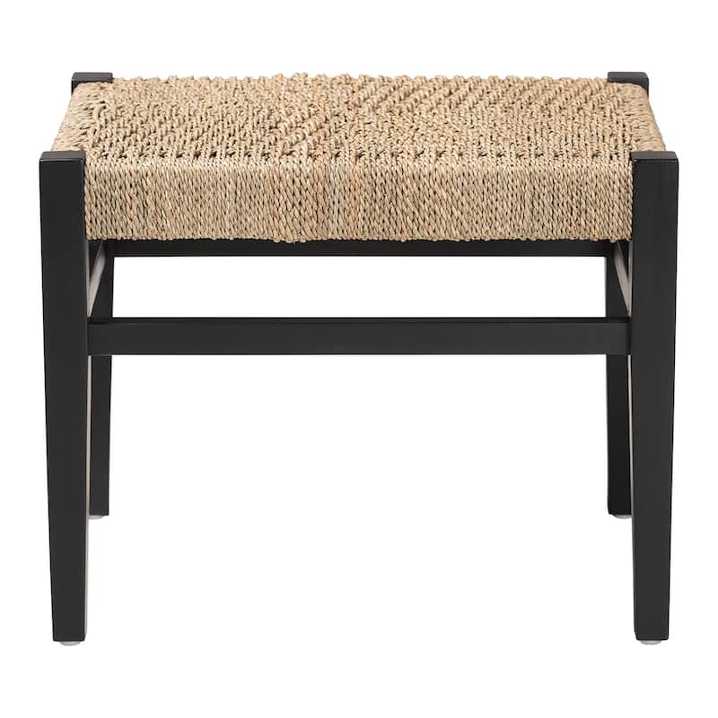 Amber Seagrass Accent Bench - Handwoven Natural Fiber Stool with Black Wood Frame, Compact Coastal Boho Seating