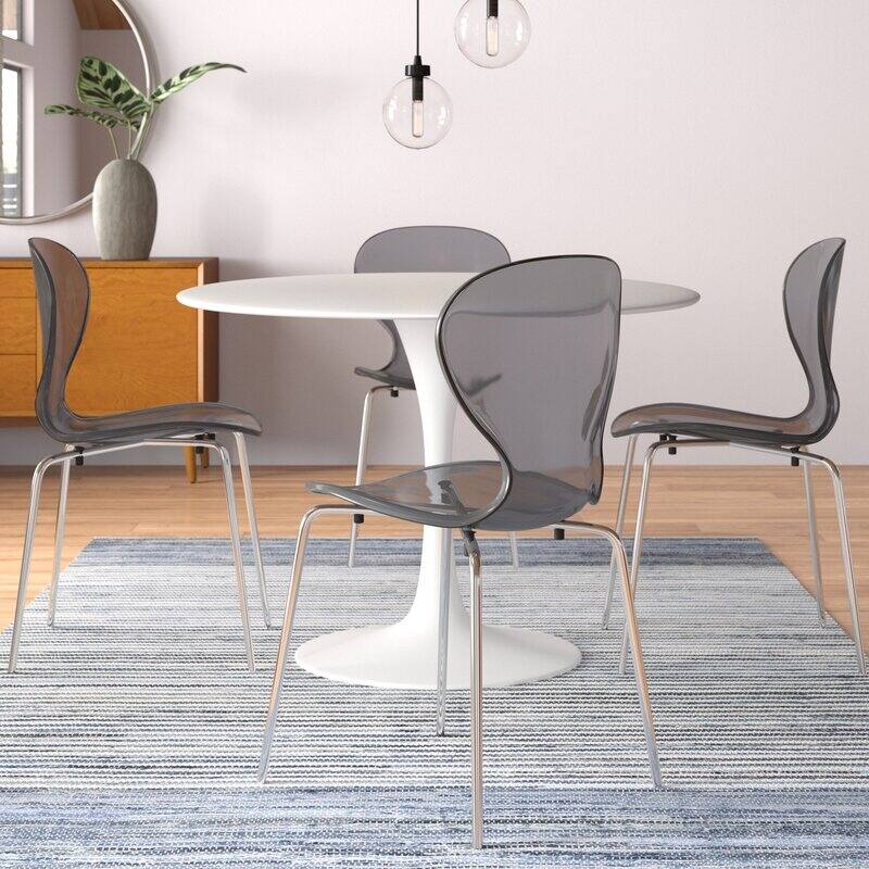 5-Piece Dining Set with 35-Inch Round Dining Table in White and 4 Side Chairs with Chrome Legs
