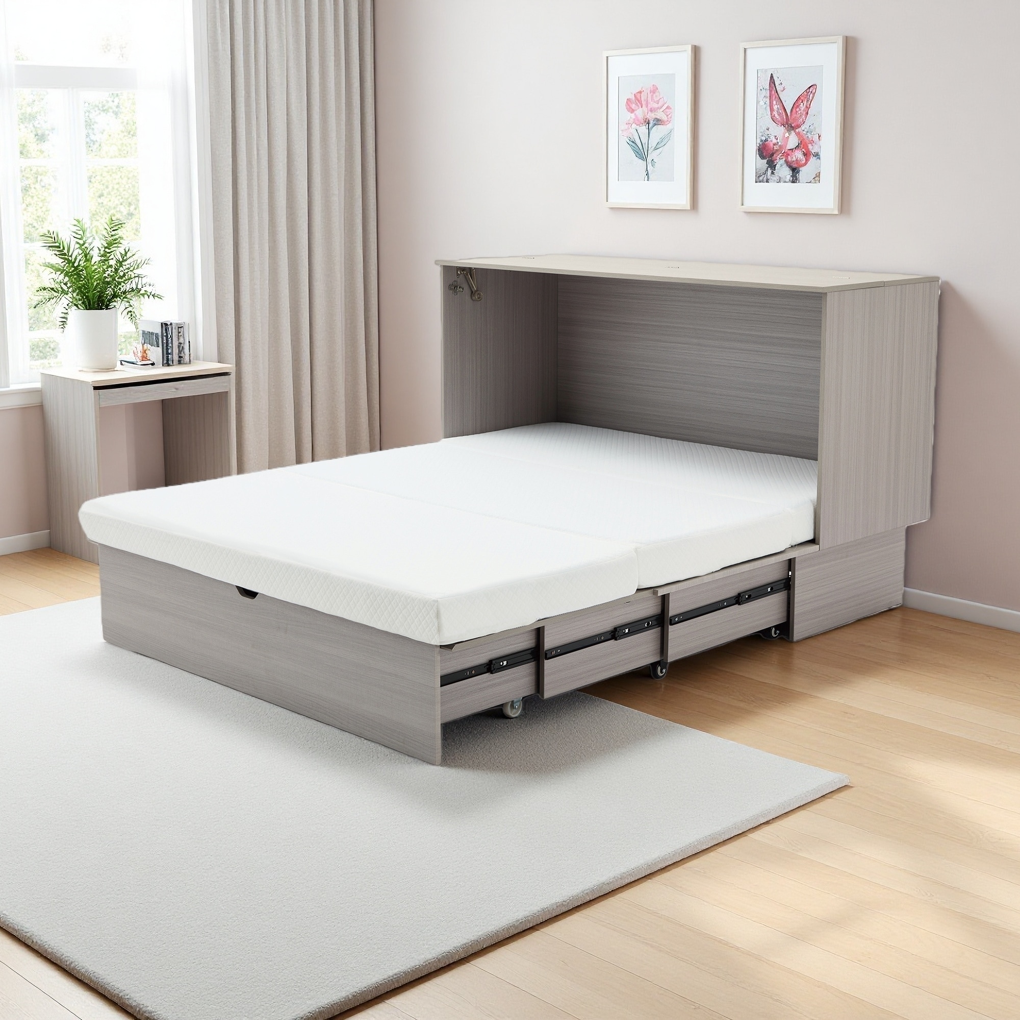 Queen Wood Cabinet Murphy Bed with Mattress, USB Ports & Drawer