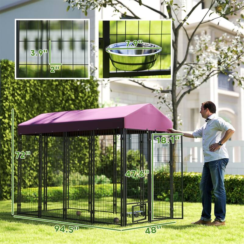 Red Steel and Oxford Cloth Dog Kennel Playpen with Roof, Gate and Bowls - 94.5" L x 48" W x 72" H
