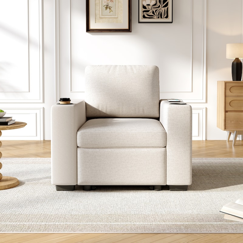 Convertible Sectional Sofa with Pull-out Sofa Bed and Dual Cup Holders