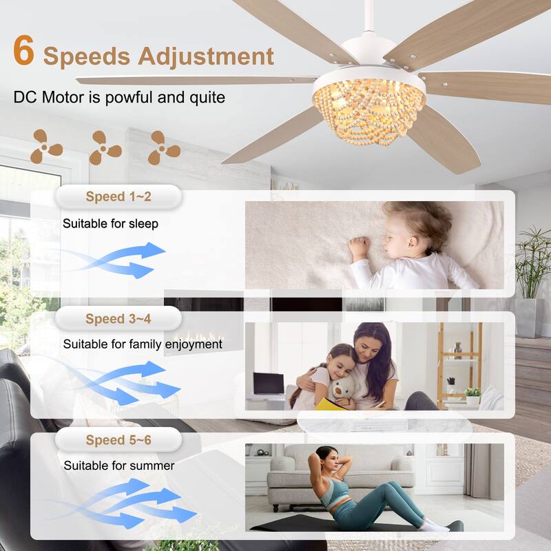 Bella Depot 65" Bohemia Large White Ceiling Fan with Light and Remote 6-Speed Modern Chandelier Fan Wood Bead Shade