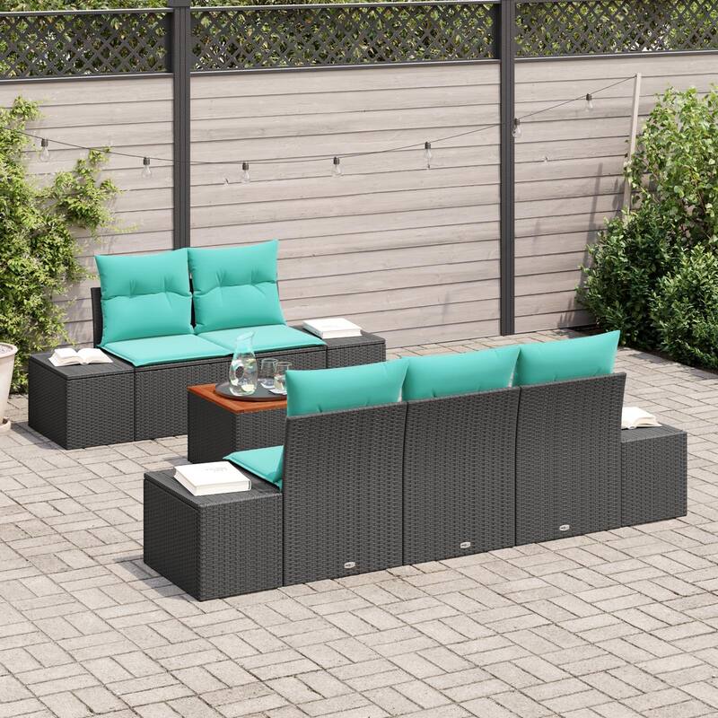 vidaXL 6 Garden Sofa Set with Cushions Black/Grey Poly Rattan - 94.1 x 24.4 x 27.2
