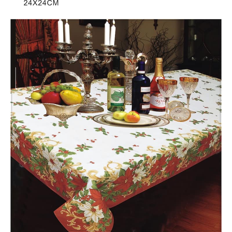 Violet Linen Blossom Christmas Poinsettia & Holly Berry Tablecloth