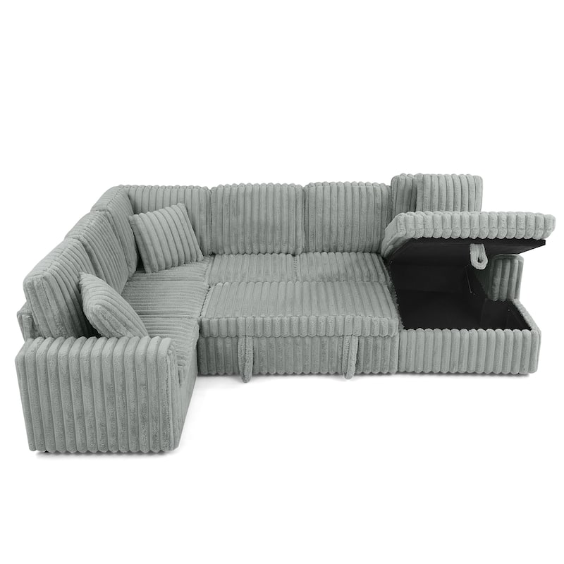 Corduroy Upholstered Reclining Sofa U-shaped Sleeper Sectional Couch with Pull Out Bed, Storage Chaise and Adjustable Backrests