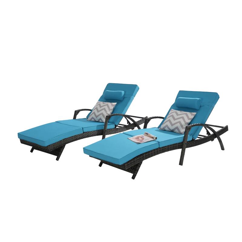 Outdoor Wicker Long Reclining Chair Set of 2, Wicker Reclining Lounge Chair Lawn Sunbathing Chairs for Beach Poolside Garden