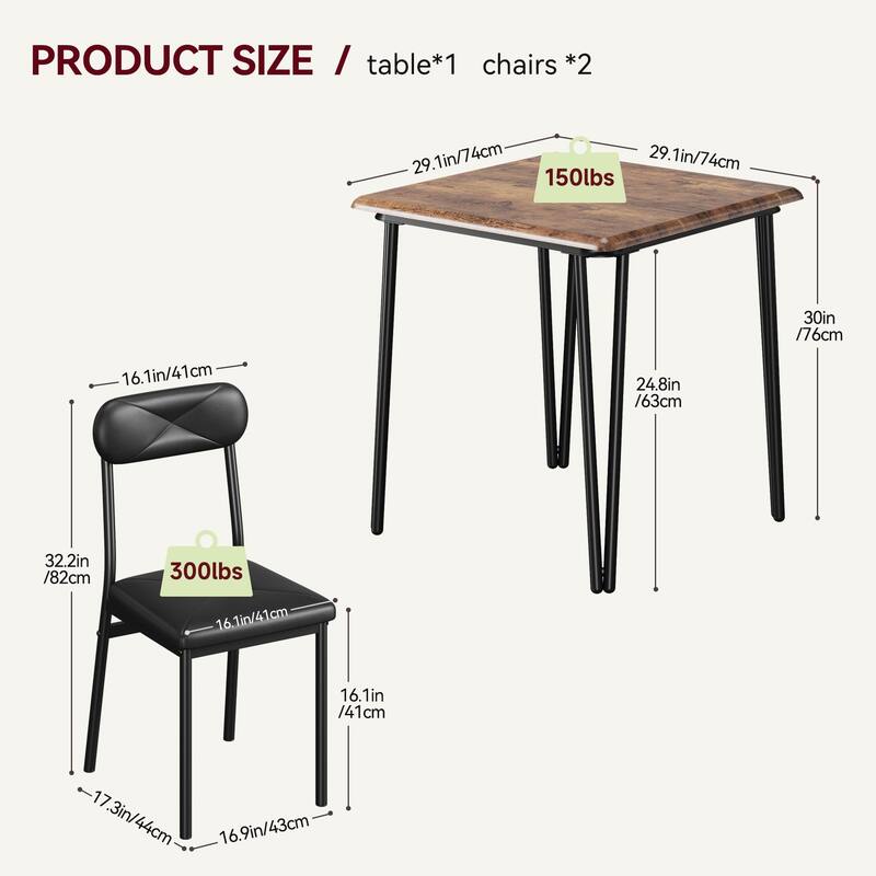 Dining Table for 2, Small Square kitchen Dinner Table Set for 2,Space Saving Wood Modern Dinette With Upholstered,3 Piece