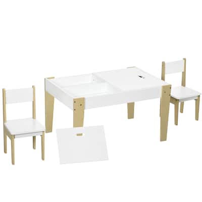 Qaba 3 Pcs Kids Table and Chair Set with Storage Under Tabletop, Activity Table and 2 Chairs, Kids Drawing Table