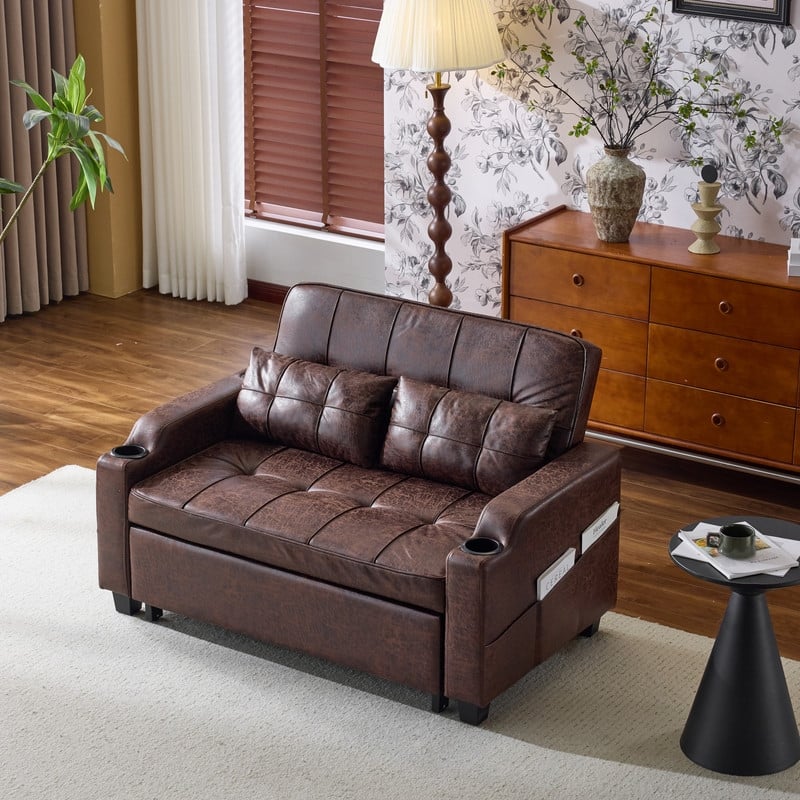 Upholstered Cat's Claw Leather Convertible Reclining Sleeper Sofa Bed With Cushions For Small Spaces