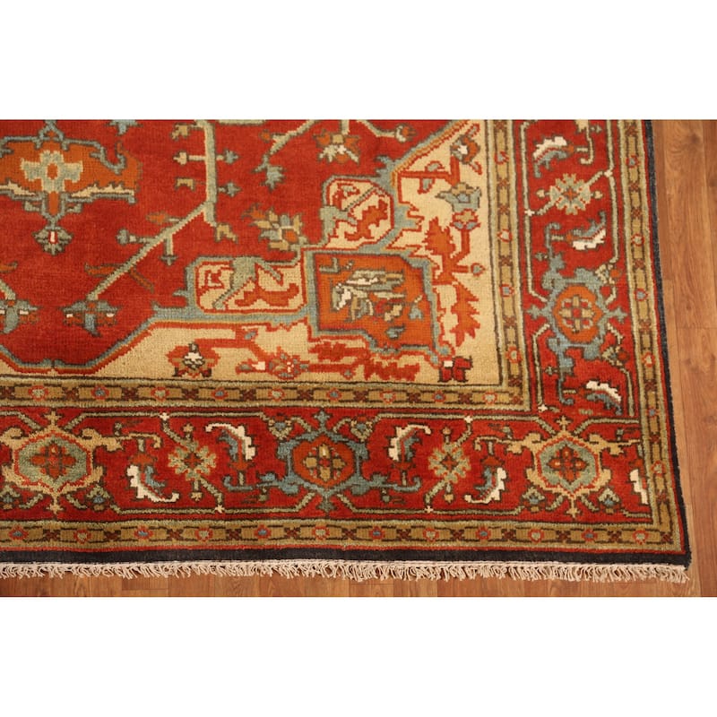 Medallion Heriz Serapi Indian Area Rug Hand-Knotted Floral Wool Carpet - 7'11" x 9'10"