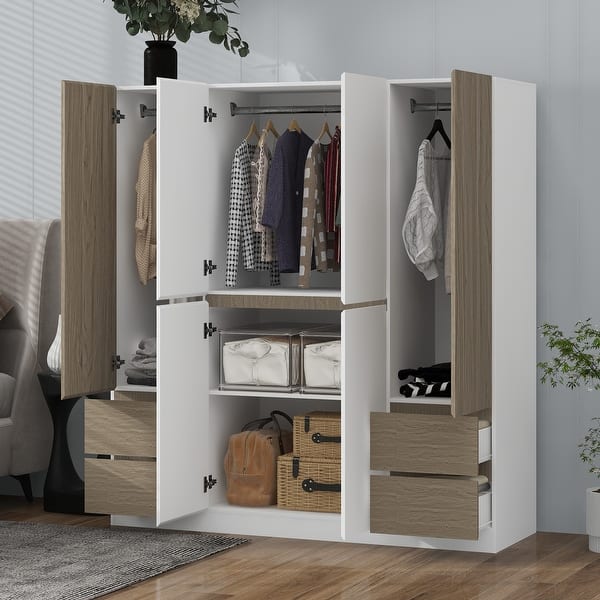slide 2 of 12, Freestanding Wardrobe Closet Cabinet with Hanging Rods & 4 Drawers, 6-Doors Wooden Clothes Storage Cabinet Bedroom Armoire White+Natural