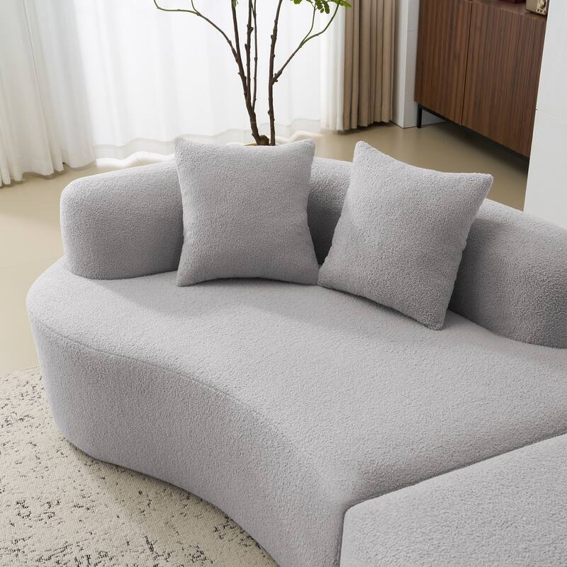 Curved Four Seater Grey Sofa, Teddy Velvet Fabric, No-Assembly for Small Spaces