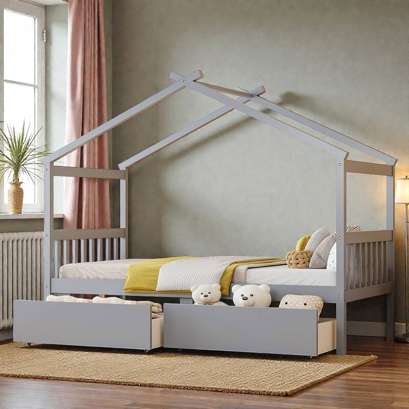 Twin/Full Size Wooden House Bed with Roof and 2 Drawers, Kids Platform Bed with Storage, Solid Pine Frame - Grey - Twin