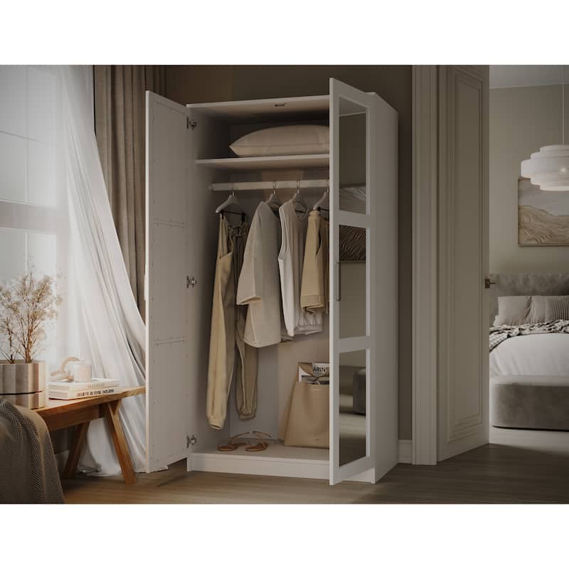 Palace Imports 100% Solid Wood 2-Door Urban Wardrobe Armoire with Solid and Mirrored Doors
