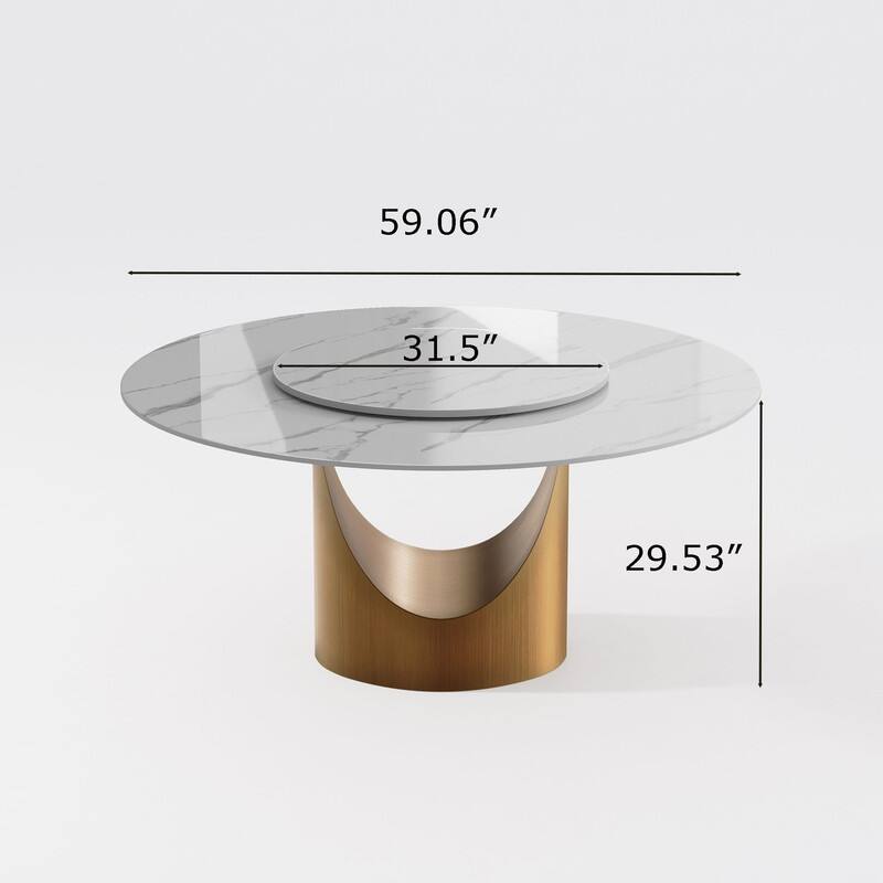 Modern Round Dining Table for Diningroom，White Glossy Stone Tabletop,Bronze Carbon Pedestal