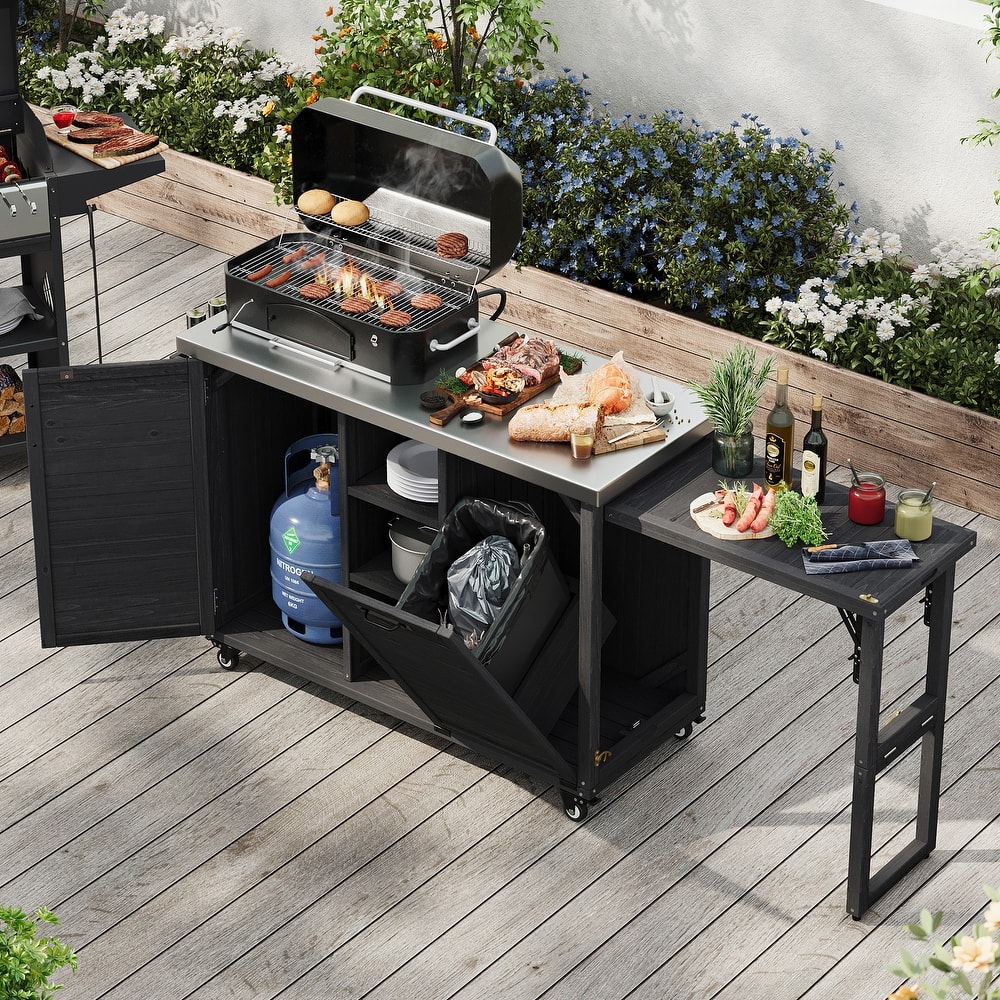 78.3" Outdoor Kitchen Island with Foldable Grill Table, Trash Can Storage & Stainless Steel Top