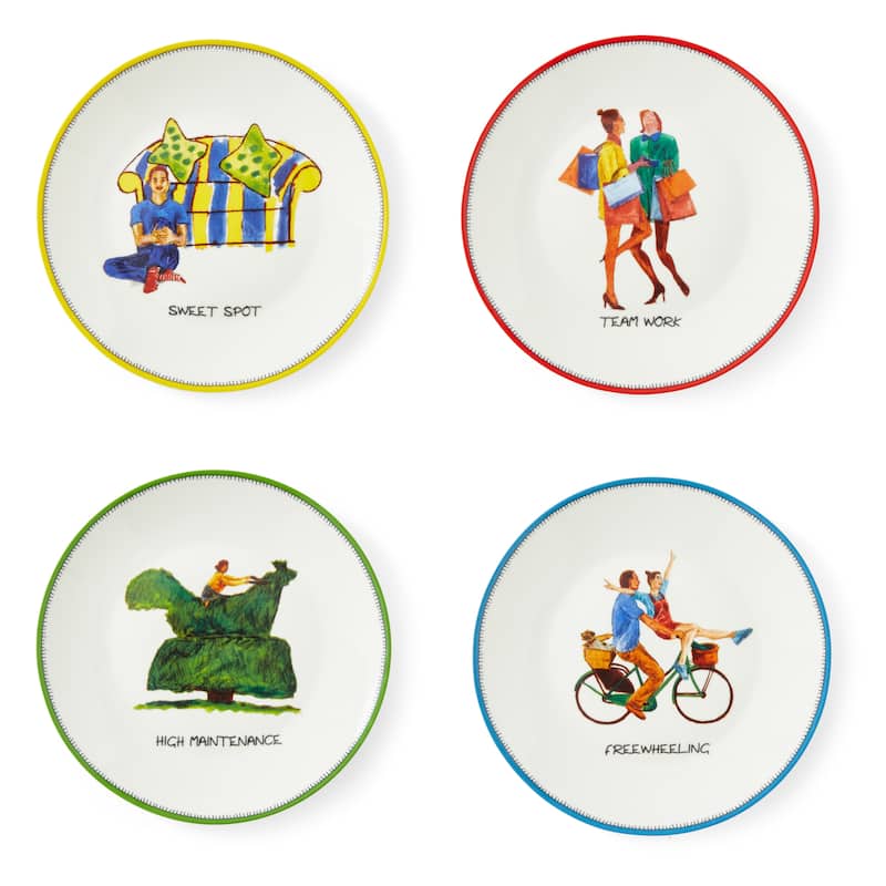 Kit Kemp for Spode Set of 4 Doodles Tidbit Plates - 6 Inch - 6 Inch