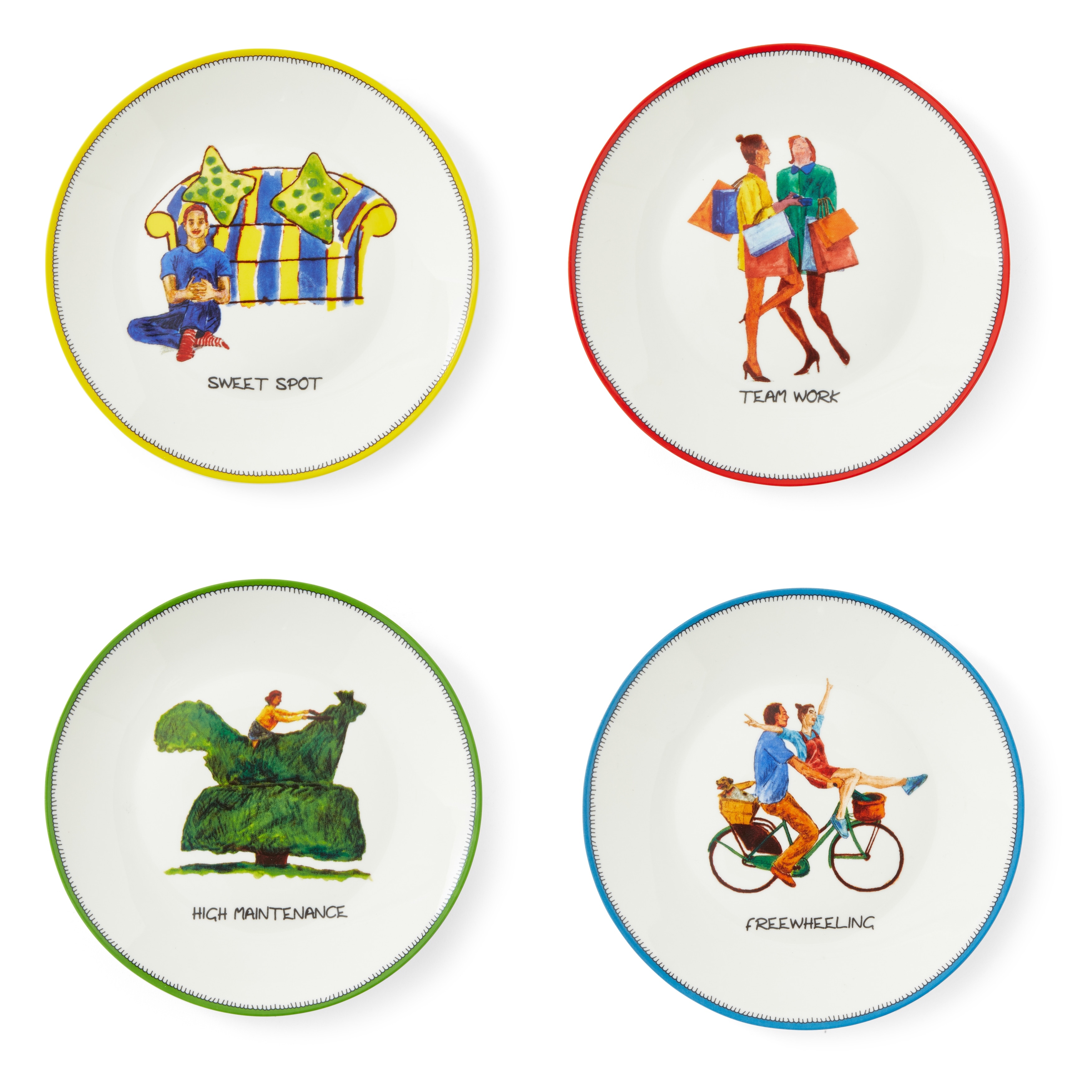 Kit Kemp for Spode Set of 4 Doodles Tidbit Plates - 6 Inch