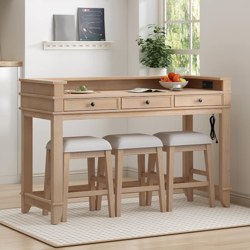 4-Piece Retro Dining Set for 3 with Storage Drawers, Small Space Kitchen Table & Chairs - Natural