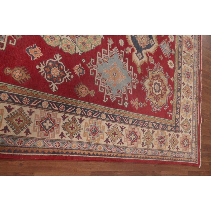 Red Geometric Kazak Oriental Area Rug Handmade Wool Carpet - 6'4" x 9'9"