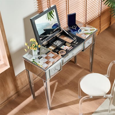 Mirrored Makeup Vanity Desk with Crushed Diamond Inlay
