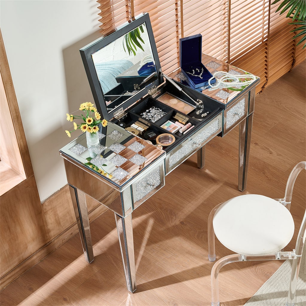 Mirrored Makeup Vanity Desk with Crushed Diamond Inlay