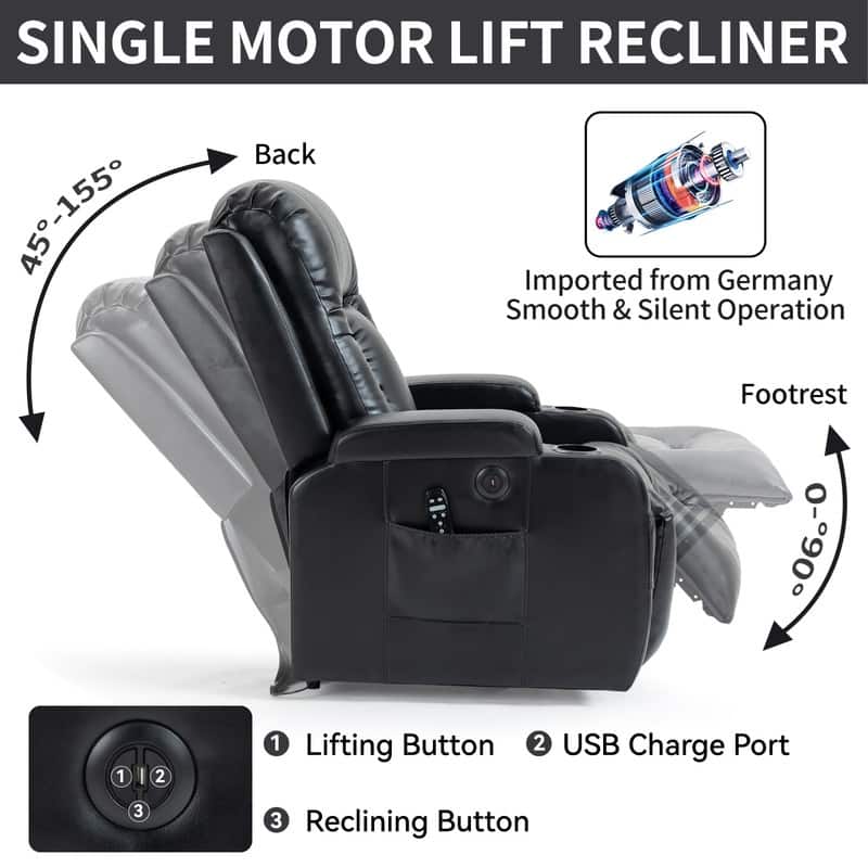 Heavy Duty Power Lift Recliner Chair with Massage, Heat, and USB Charging - Supports Up to 350 lbs