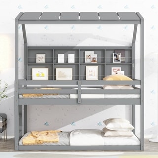 Twin Over Twin Bunk Bed with House Semi-enclosed Roof