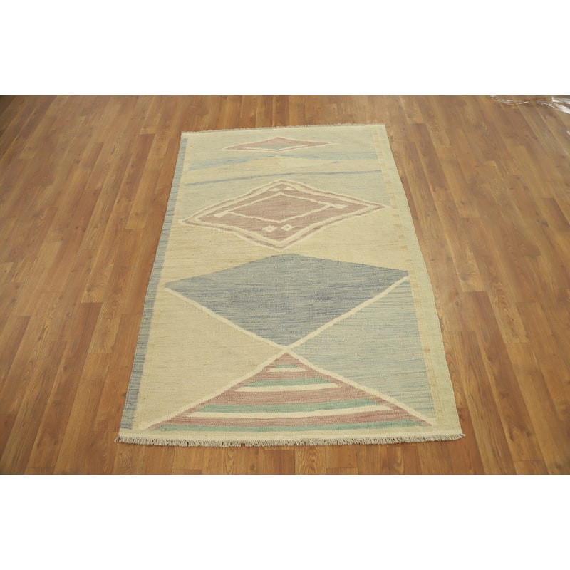 Hand Woven Oriental 100% Wool Carpet Southwestern Modern Beige & Ivories Kilim Area Rug - 4' 9'' X 3' 3''