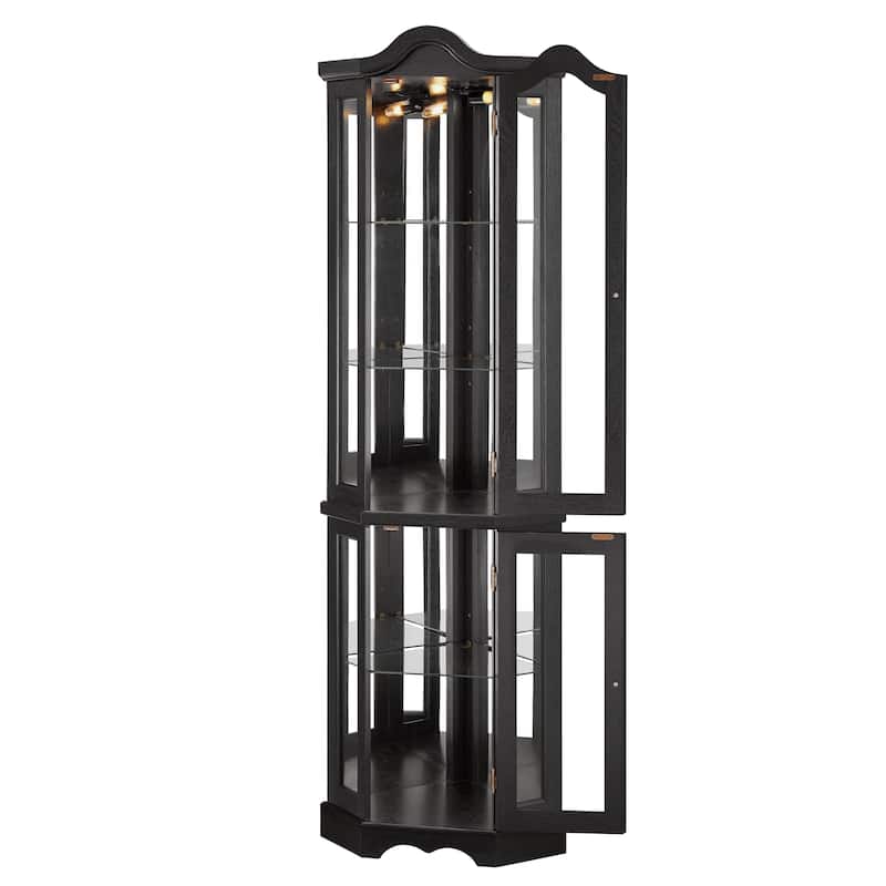 Lighted Corner Curio Cabinet, Freestanding Glass Display Cabinet, Wooden China Cabinet with Tempered Glass Doors & Shelves