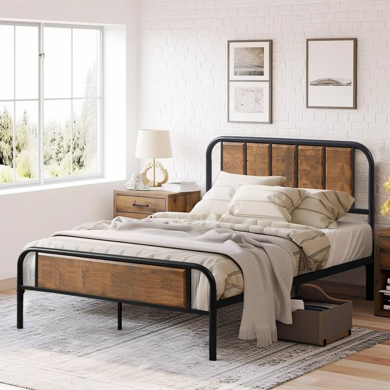 Javlergo Industrial Metal Platform Bed Frame with Headboard and Footboard, No Box Spring Needed, Rustic Brown