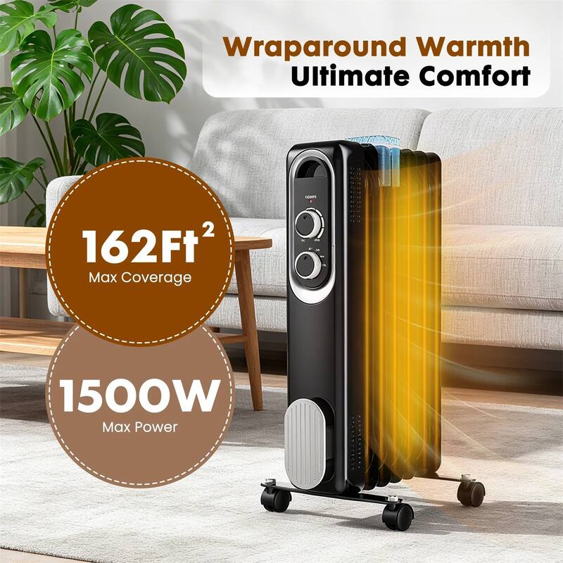 Oil Space Heater, Portable Radiator Heater with 3 Heat Settings, 1500W Thermostat, Tip-Over Protection