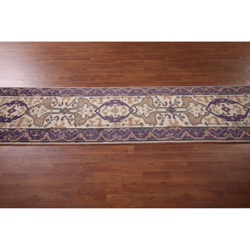 Ivory & Purple Oushak Indian Runner Rug Hand-Knotted Wool Carpet - 2'8"x 10'1"