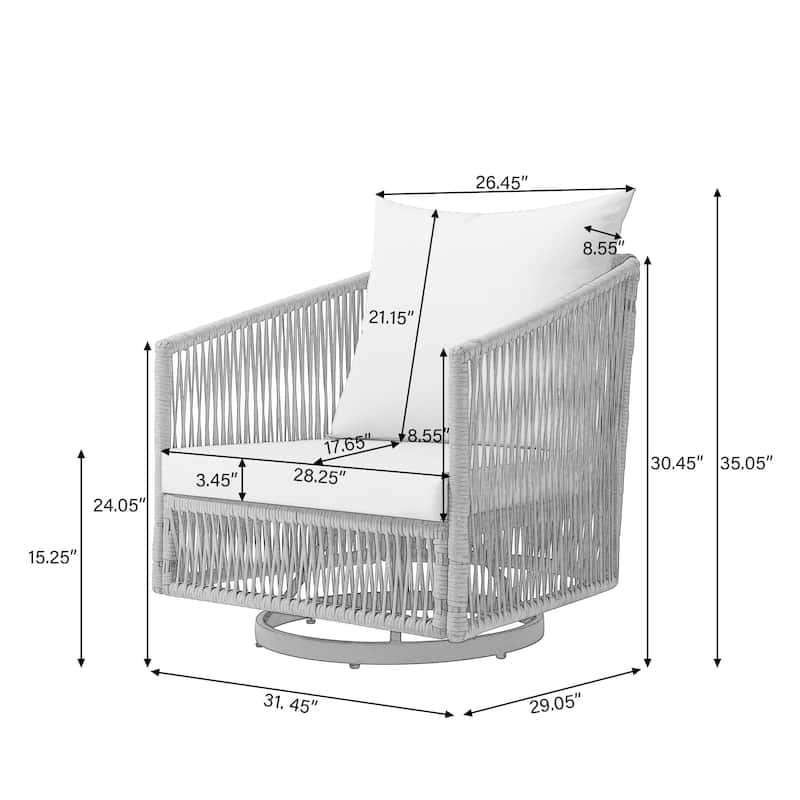 3 Piece Patio Woven Rope Swivel Chair Seating Group with Cushions