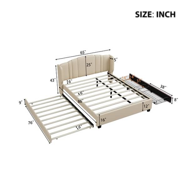 dimension image slide 1 of 2, Upholstered Platform Bed w/ Wingback Headboard, 1 Twin Trundle & 2 Drawers, Linen Fabric, Queen Size, Beige