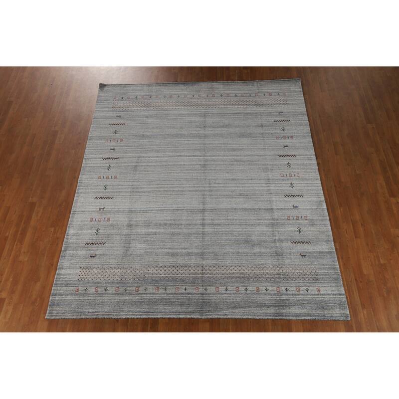 Hand Knotted Oriental 100% Wool Carpet Tribal Animal Pictorial Greys & Charcoal Gabbeh Area Rug - 9' 9'' X 8' 3''