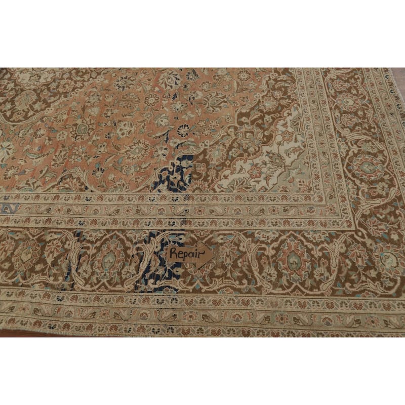 Traditional Mashad Persian Vintage Rug Handmade Orange Wool Carpet - 9'6" x 12'9"