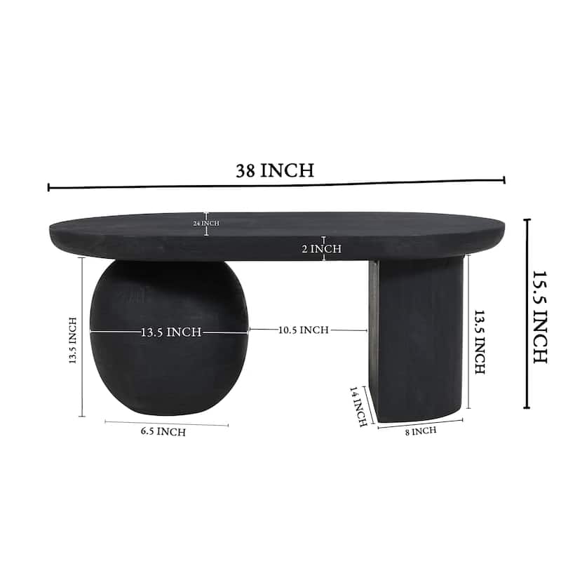 38 Inch Coffee Table, Oblong Mango Wood Top with a Modern Ball Leg