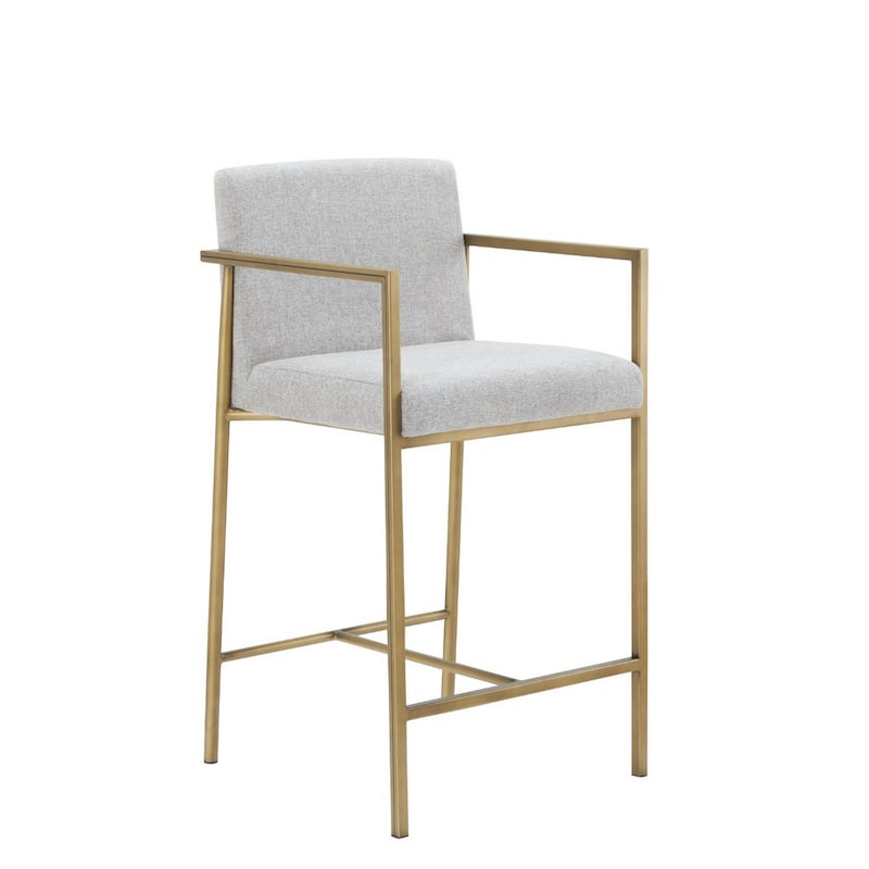 40 Inch Modern Counter Height Padded Stool, White Fabric, Brass Frame