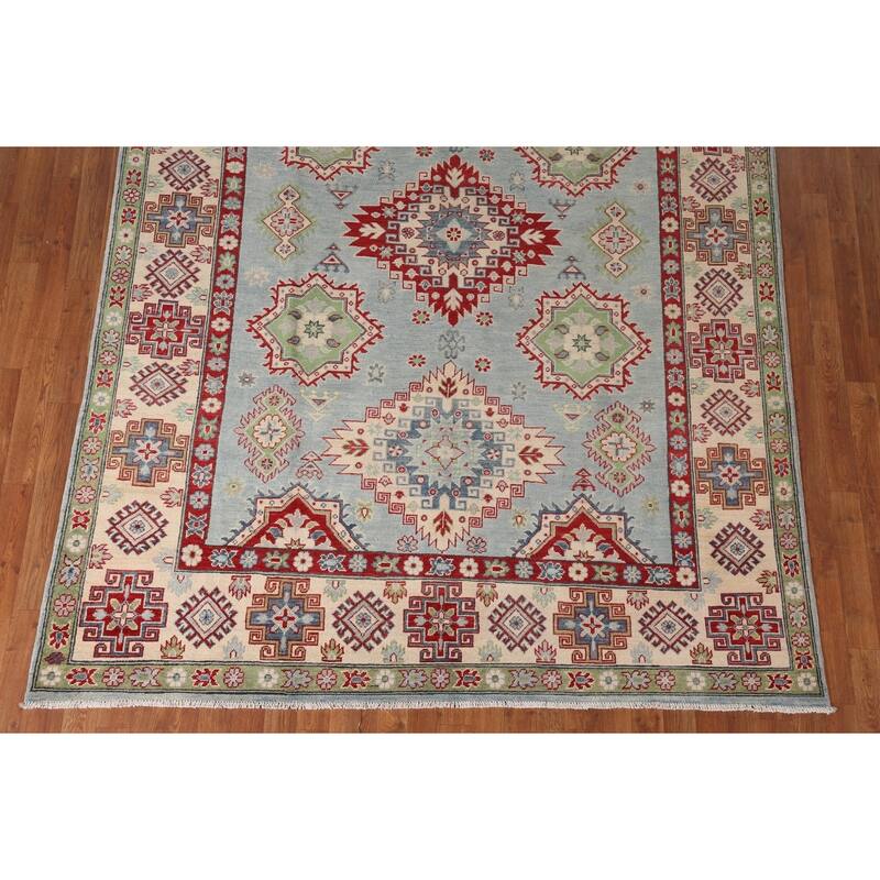 Light Blue Traditional Kazak Area Rug Hand-Knotted Wool Carpet - 6'9" x 9'4"