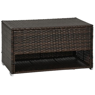 Brown Tropical Rattan Storage Deck Box with Hydraulic Lid, Under Shelf and Wheels for Patio Poolside