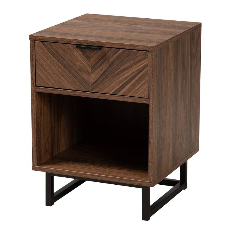 Sadia Modern Walnut Brown Finished Wood and Black Metal 1-Drawer End Table - Walnut Brown, Black