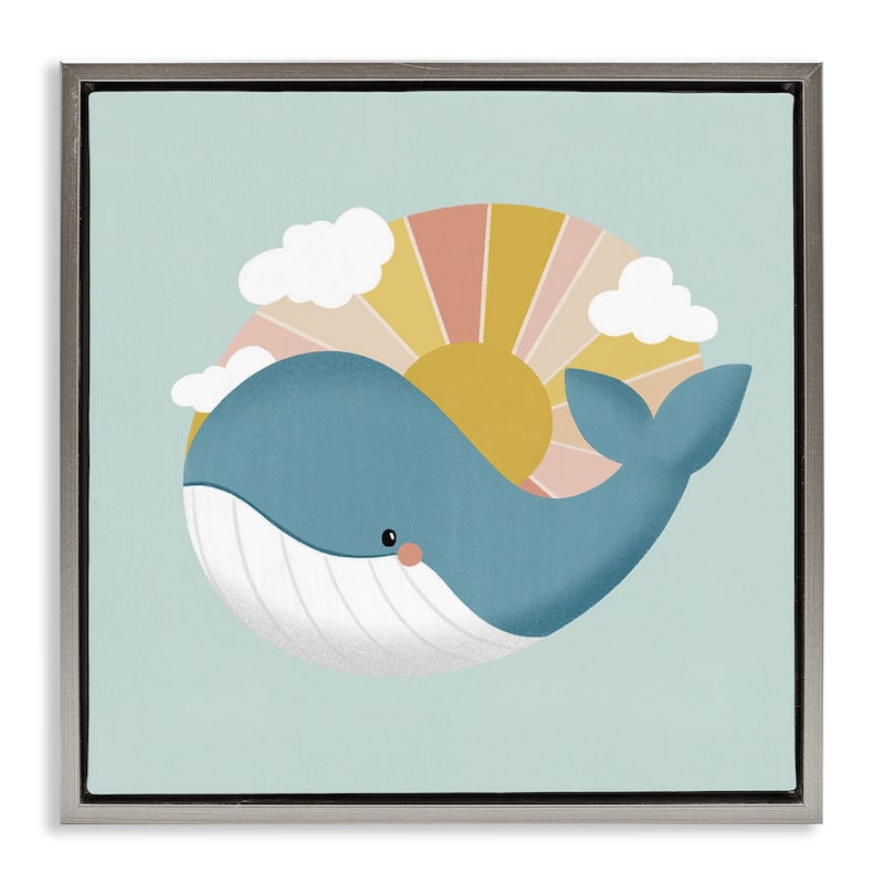 Stupell Whale & Sunshine Rays Framed Floater Canvas Wall Art Design By Sarah Hickman - 25 x 25 - Grey