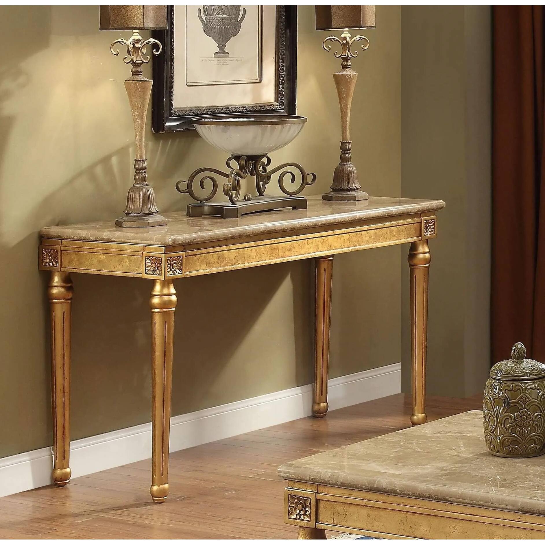 Marble Top Sofa Table with Wood Legs in Antique Gold On Sale Bed