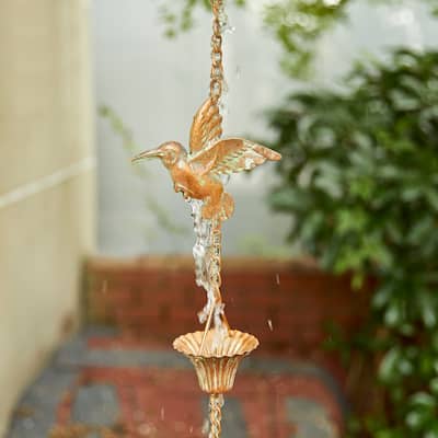 Glitzhome 8.5ft Faux Copper Gold Hummingbirds & Cups Rain Chain with V-Shaped Gutter Clip