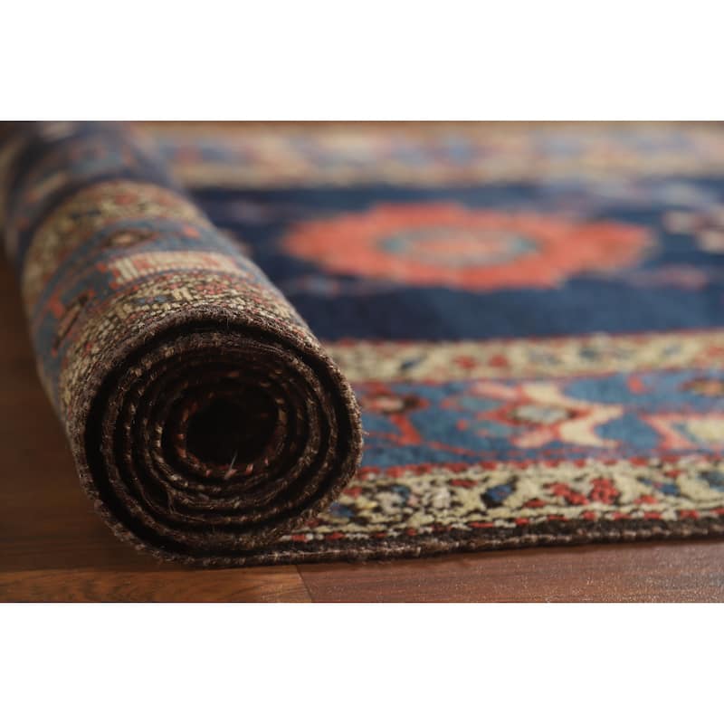Hand Knotted Oriental 100% Wool Carpet Traditional Floral Navy Blue & Blues Heriz Runner Rug - 14' 9'' X 3' 9''