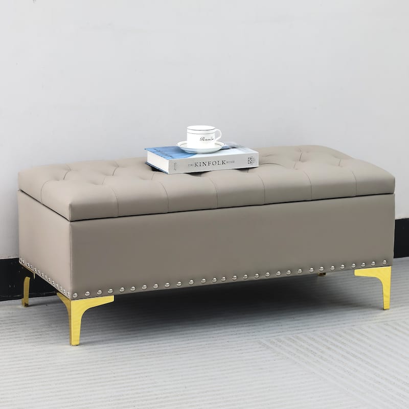 Adeco Rectangle Storage Ottoman 38" Button Tufted Long Bench with Metal Legs