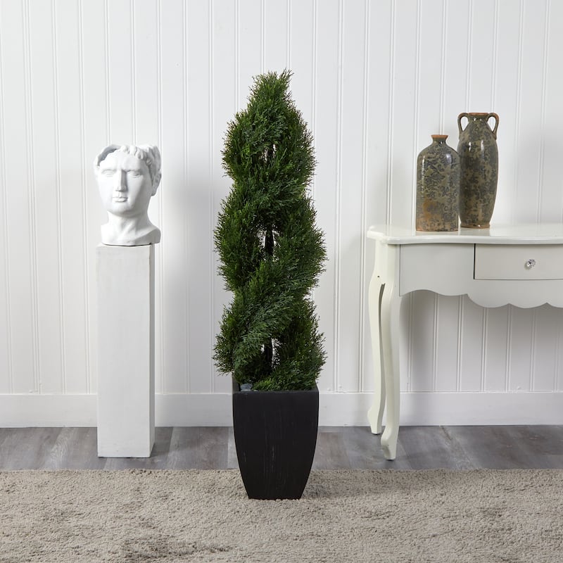 5ft Double Pond Cypress Spiral Artificial Tree in Black Wash Planter with UV Resistant Greenery for Entryway Decor