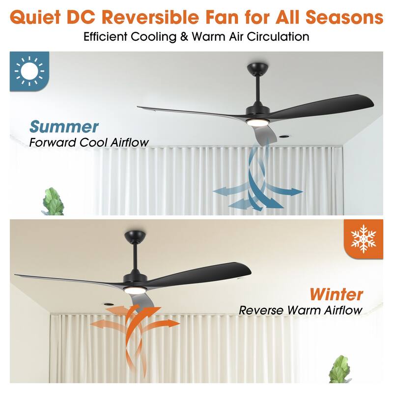 60" Modern Black ABS Propeller Indoor Ceiling Fan with Light and Remote